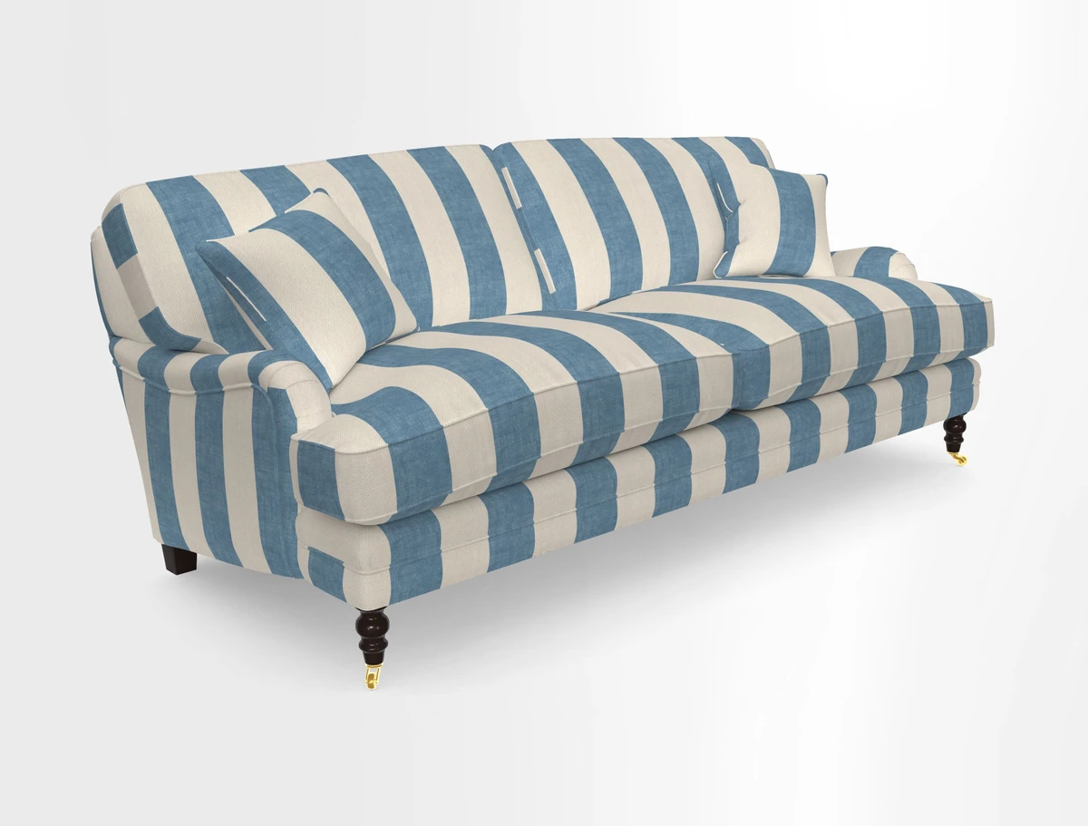 Coates 3 Seater Sofa in Mohair Velvet Indigo with Seat and Back Cushions in Gertrude Jekyll Meadow Flower Blue