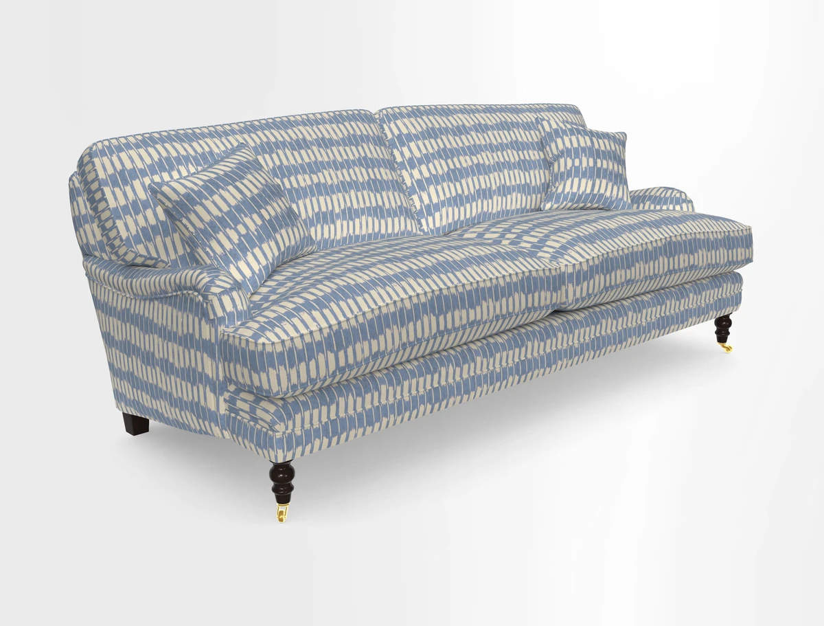 Coates 3 Seater Sofa in Mohair Velvet Indigo with Seat and Back Cushions in Gertrude Jekyll Meadow Flower Blue