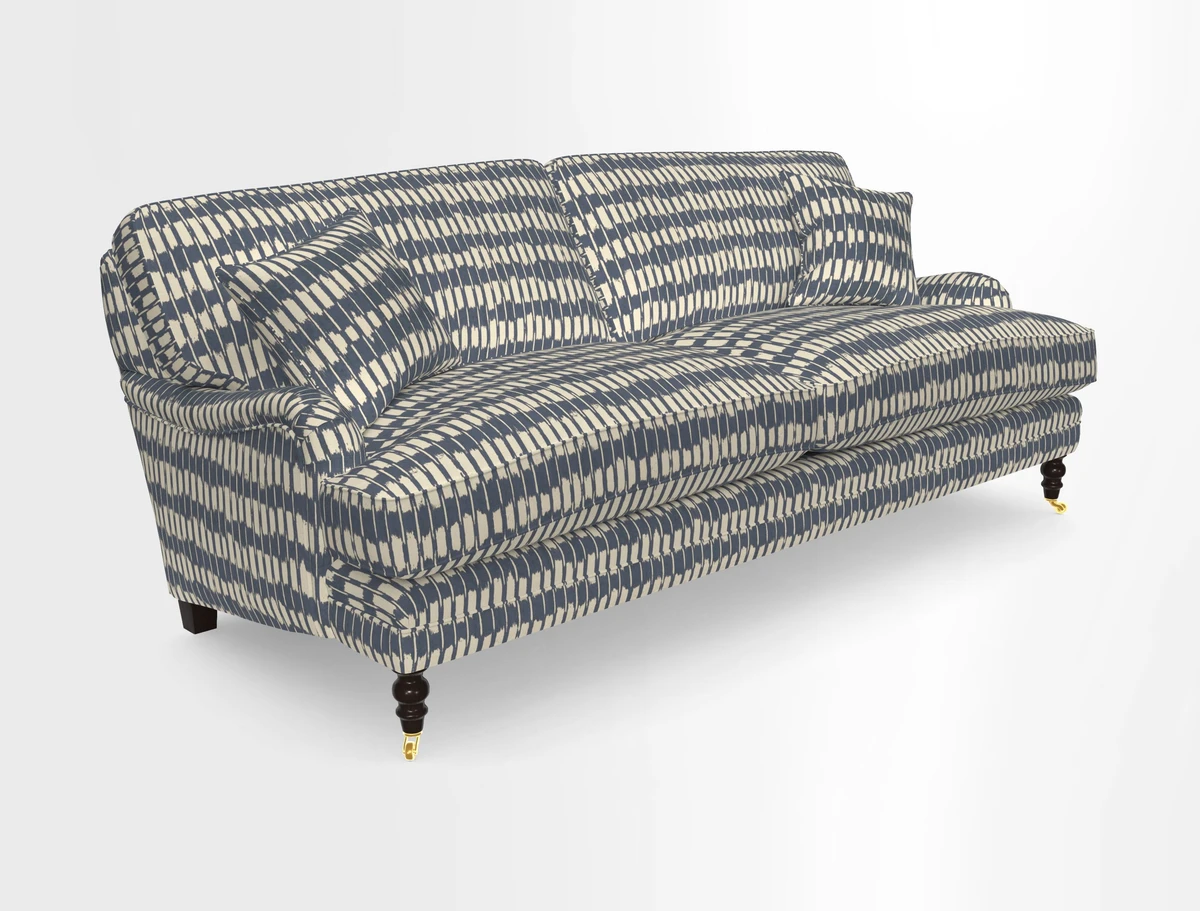 Coates 3 Seater Sofa in Mohair Velvet Indigo with Seat and Back Cushions in Gertrude Jekyll Meadow Flower Blue