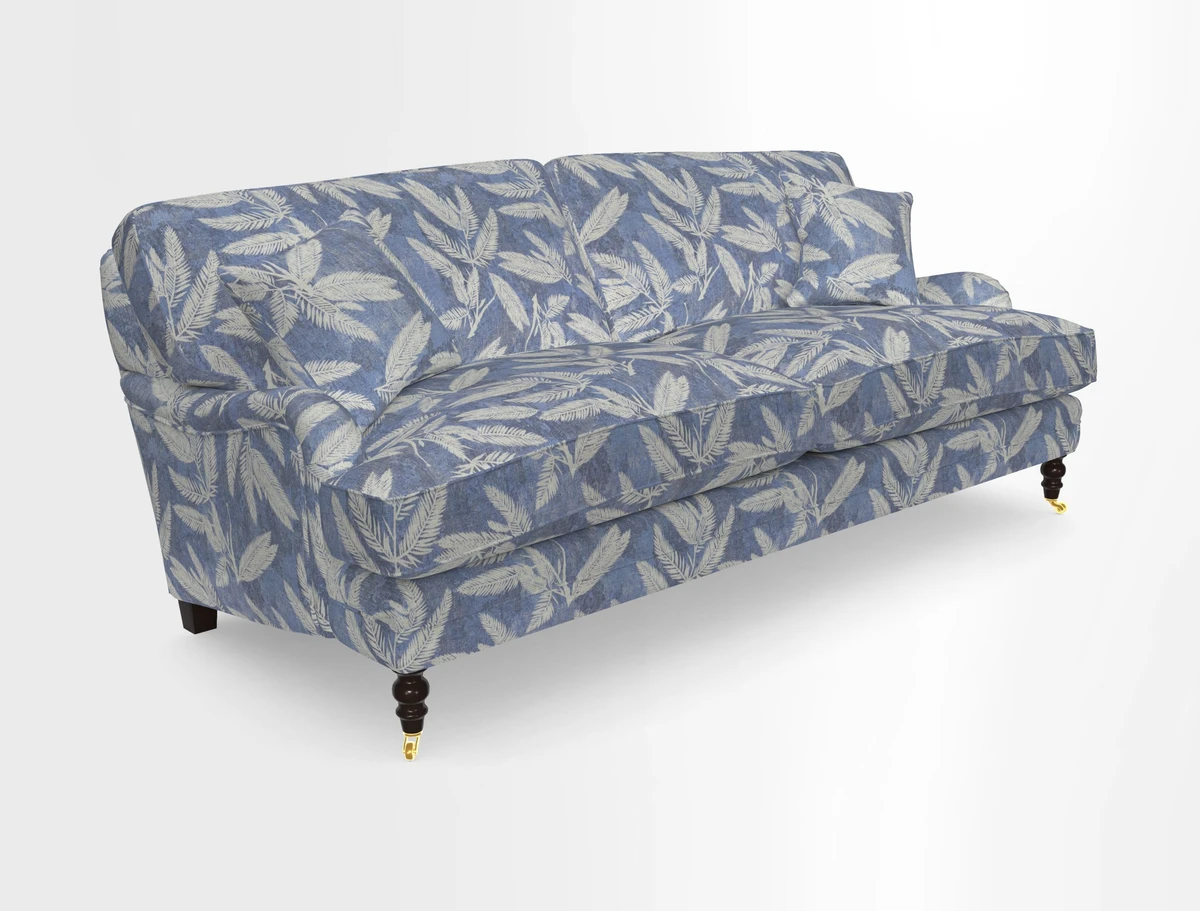 Coates 3 Seater Sofa in Mohair Velvet Indigo with Seat and Back Cushions in Gertrude Jekyll Meadow Flower Blue