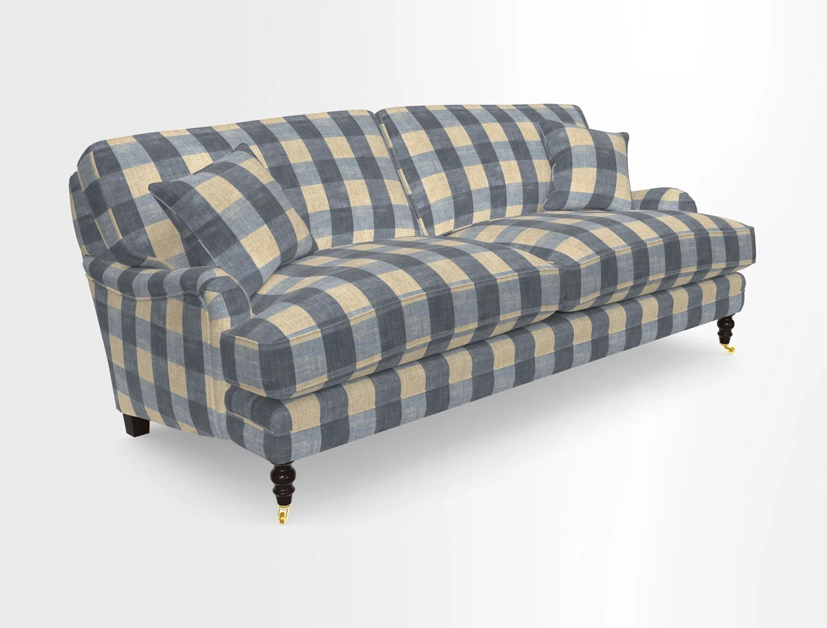 Coates 3 Seater Sofa in Mohair Velvet Indigo with Seat and Back Cushions in Gertrude Jekyll Meadow Flower Blue