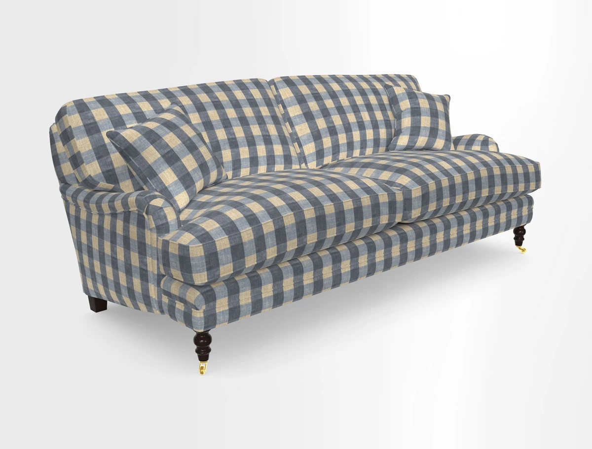 Coates 3 Seater Sofa in Mohair Velvet Indigo with Seat and Back Cushions in Gertrude Jekyll Meadow Flower Blue