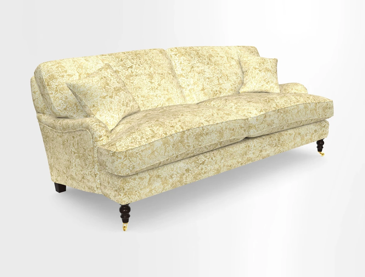 Coates 3 Seater Sofa in Mohair Velvet Indigo with Seat and Back Cushions in Gertrude Jekyll Meadow Flower Blue