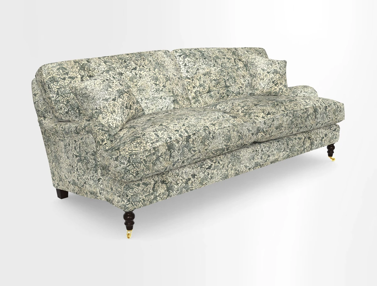 Coates 3 Seater Sofa in Mohair Velvet Indigo with Seat and Back Cushions in Gertrude Jekyll Meadow Flower Blue