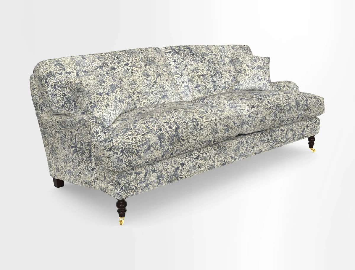 Coates 3 Seater Sofa in Mohair Velvet Indigo with Seat and Back Cushions in Gertrude Jekyll Meadow Flower Blue