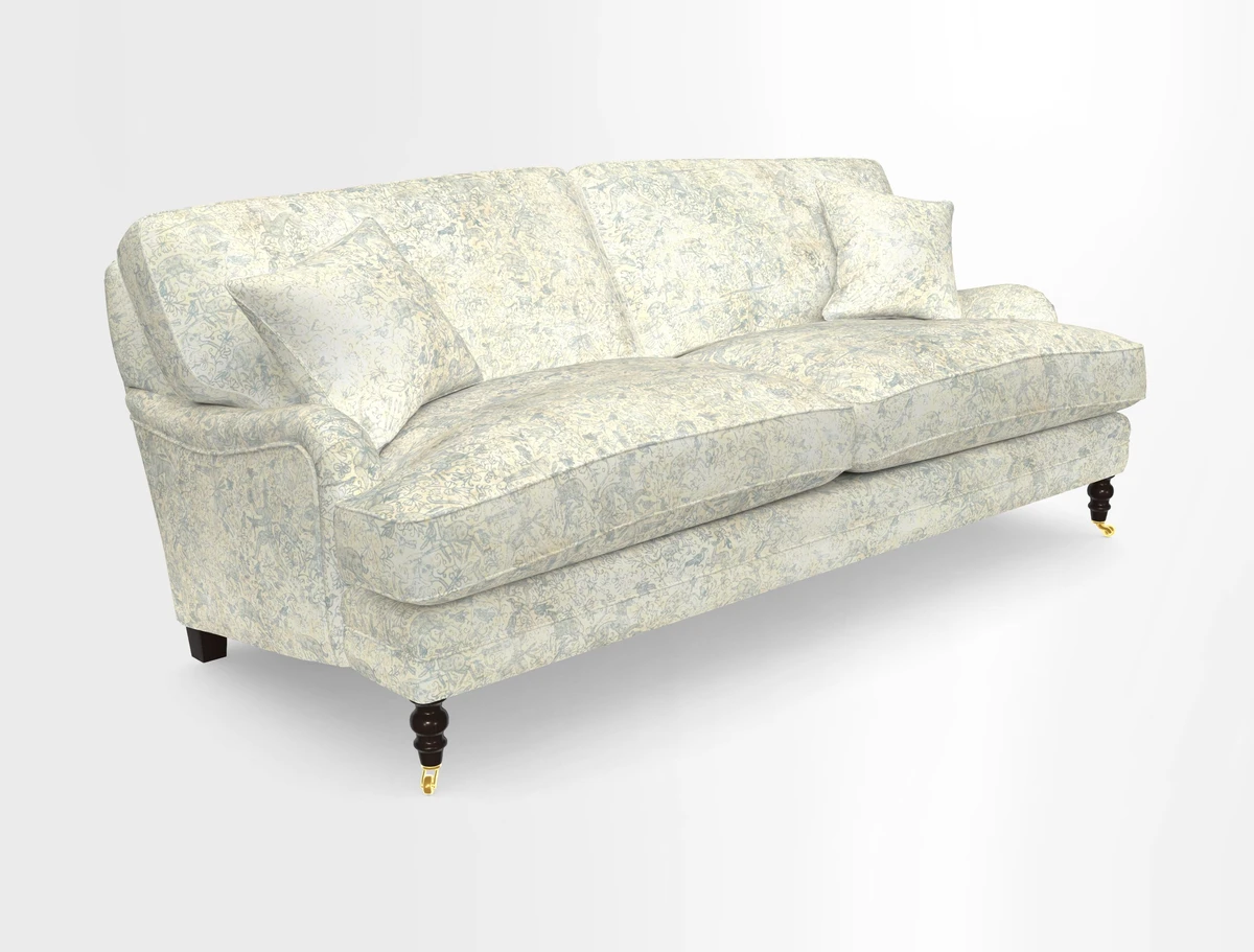 Coates 3 Seater Sofa in Mohair Velvet Indigo with Seat and Back Cushions in Gertrude Jekyll Meadow Flower Blue