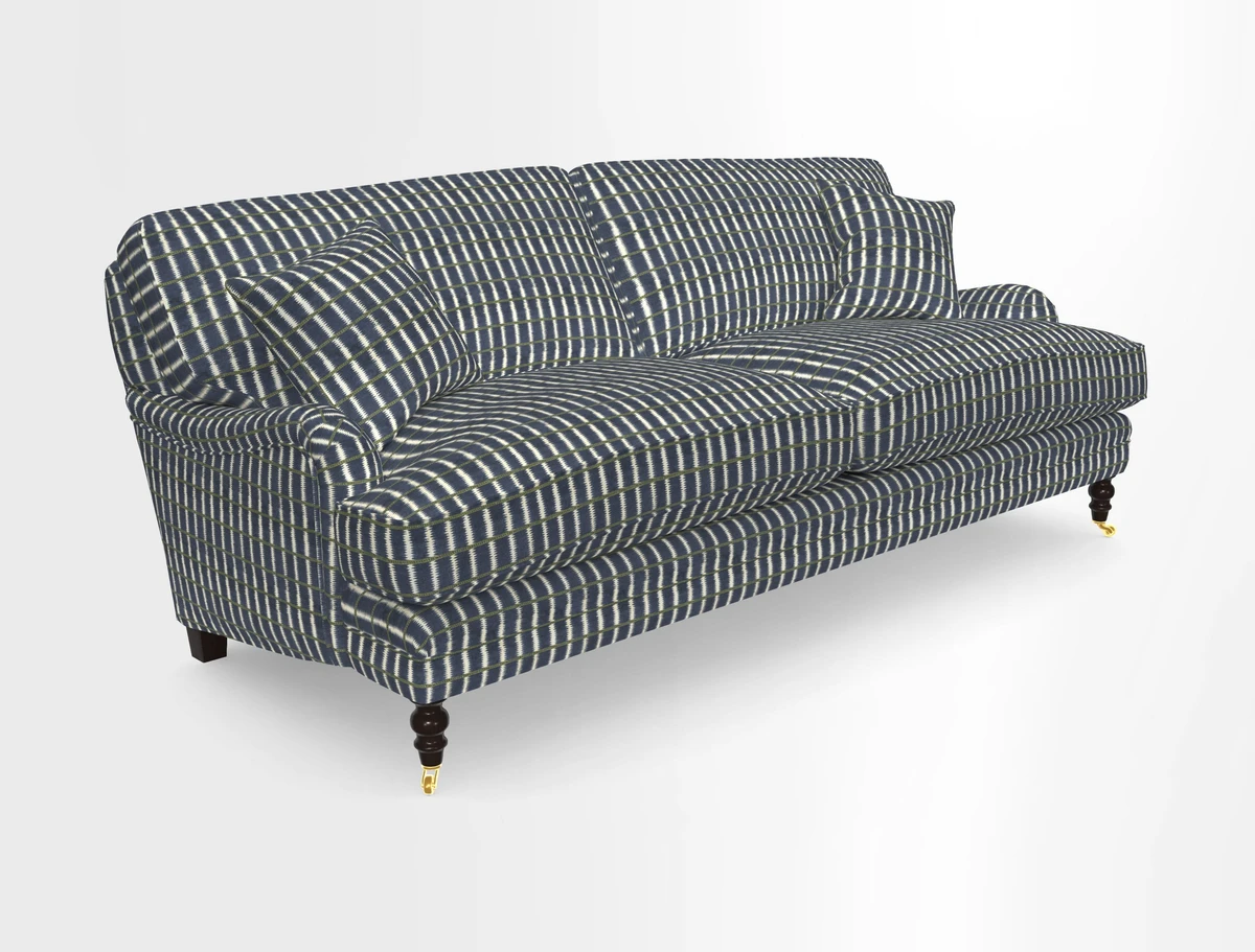 Coates 3 Seater Sofa in Mohair Velvet Indigo with Seat and Back Cushions in Gertrude Jekyll Meadow Flower Blue