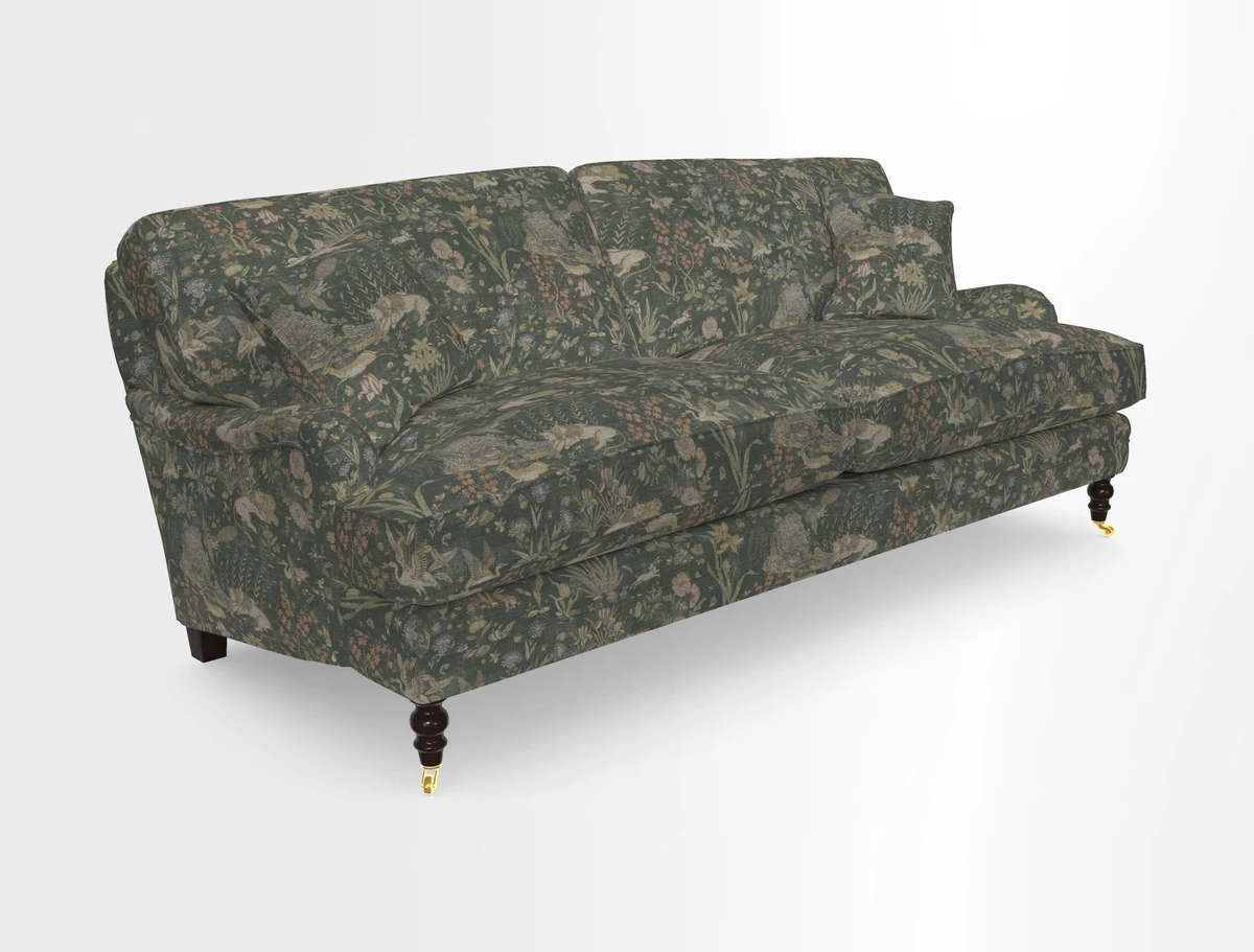 Coates 3 Seater Sofa in Mohair Velvet Indigo with Seat and Back Cushions in Gertrude Jekyll Meadow Flower Blue