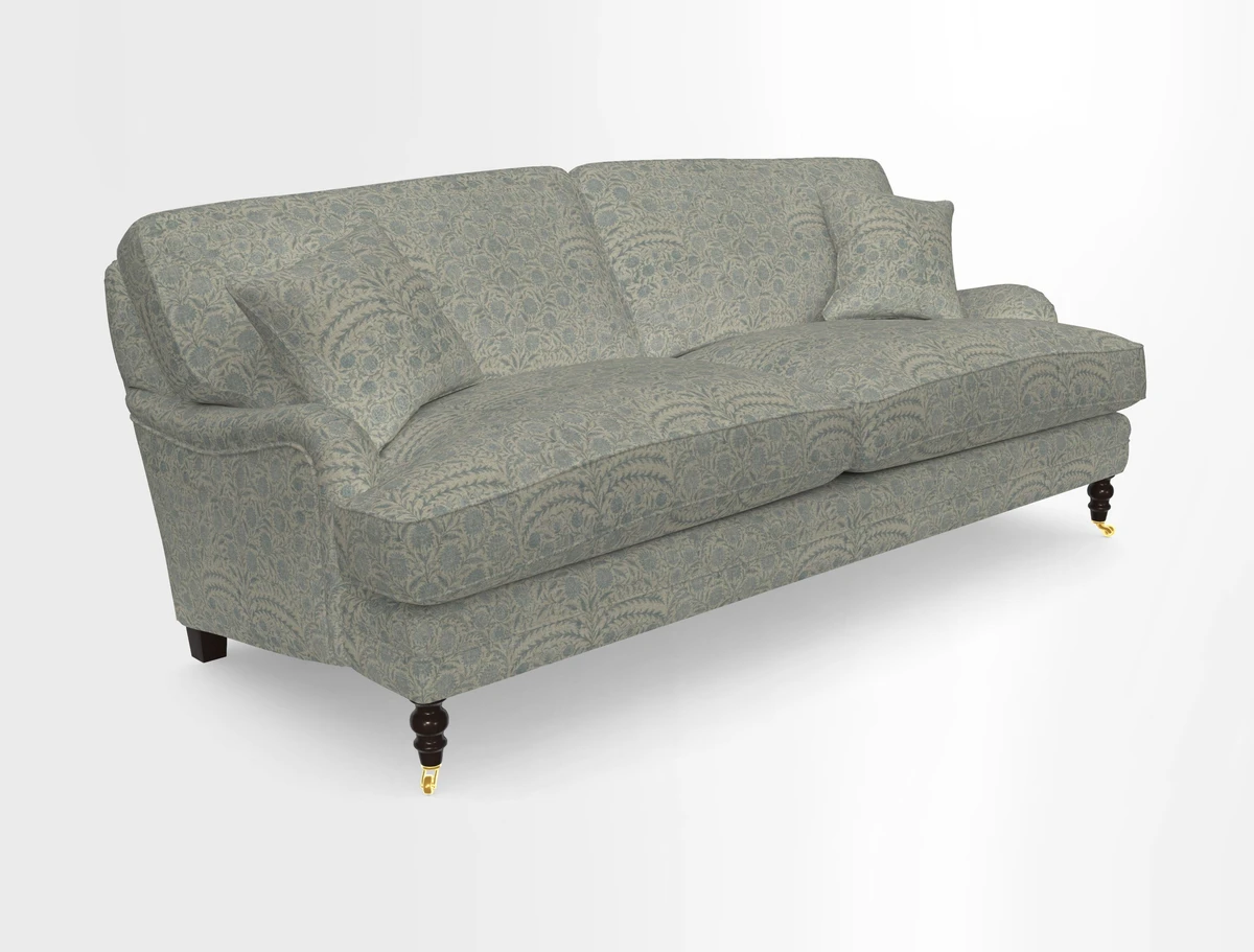 Coates 3 Seater Sofa in Mohair Velvet Indigo with Seat and Back Cushions in Gertrude Jekyll Meadow Flower Blue