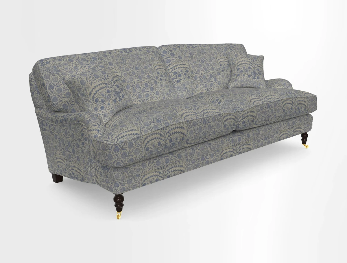 Coates 3 Seater Sofa in Mohair Velvet Indigo with Seat and Back Cushions in Gertrude Jekyll Meadow Flower Blue