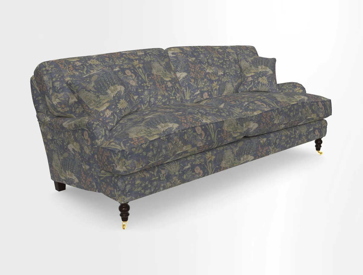 Coates 3 Seater Sofa in Mohair Velvet Indigo with Seat and Back Cushions in Gertrude Jekyll Meadow Flower Blue