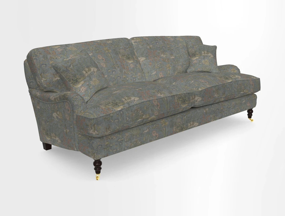 Coates 3 Seater Sofa in Mohair Velvet Indigo with Seat and Back Cushions in Gertrude Jekyll Meadow Flower Blue