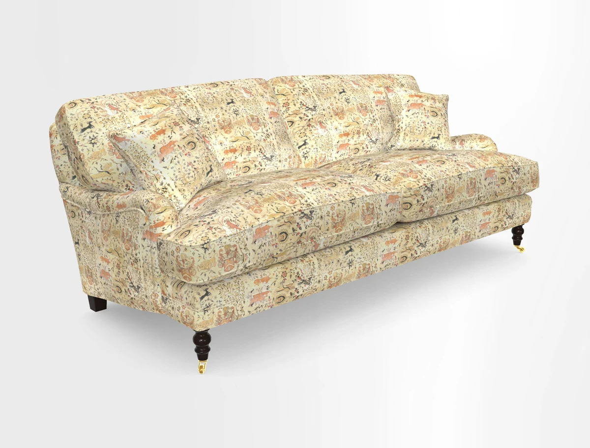 Coates 3 Seater Sofa in Mohair Velvet Indigo with Seat and Back Cushions in Gertrude Jekyll Meadow Flower Blue