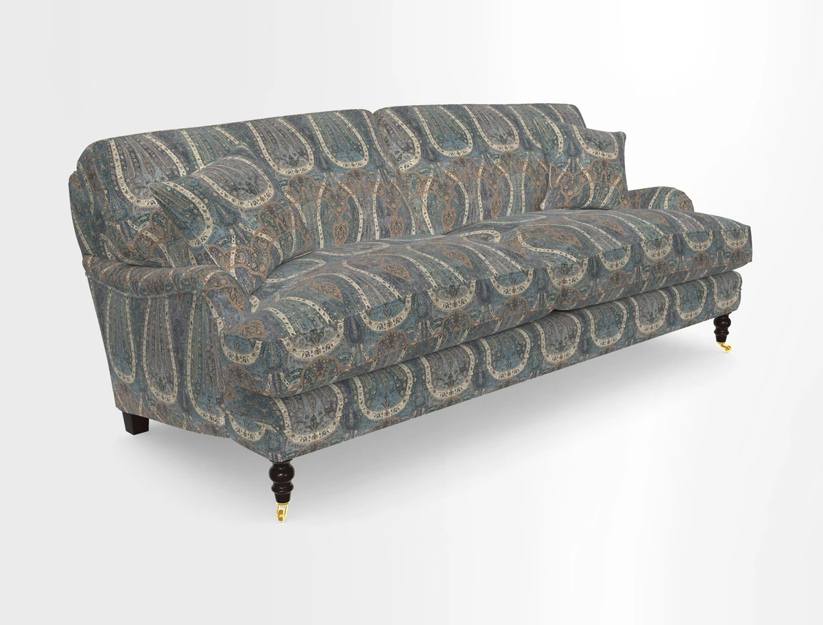 Coates 3 Seater Sofa in Mohair Velvet Indigo with Seat and Back Cushions in Gertrude Jekyll Meadow Flower Blue