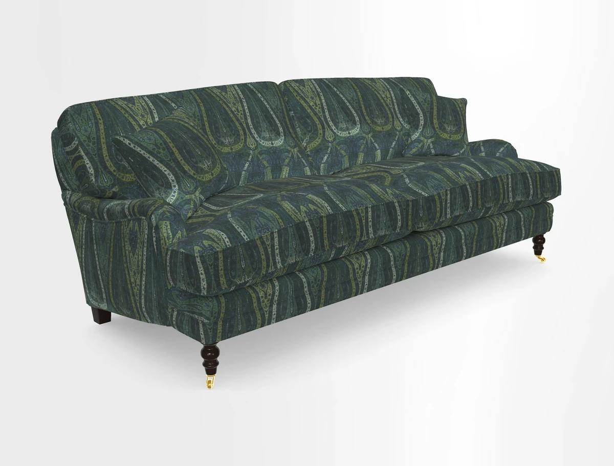 Coates 3 Seater Sofa in Mohair Velvet Indigo with Seat and Back Cushions in Gertrude Jekyll Meadow Flower Blue