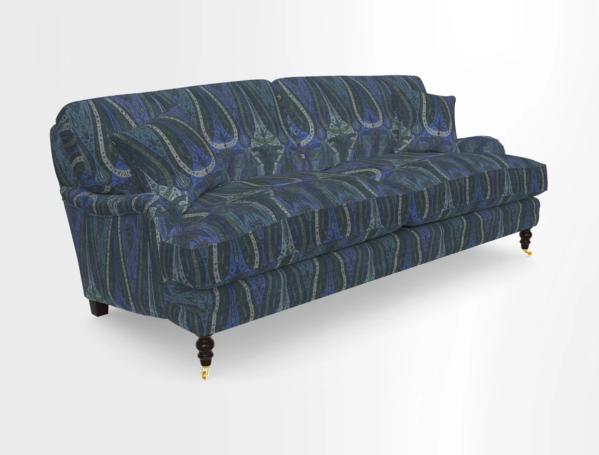 Coates 3 Seater Sofa in Mohair Velvet Indigo with Seat and Back Cushions in Gertrude Jekyll Meadow Flower Blue
