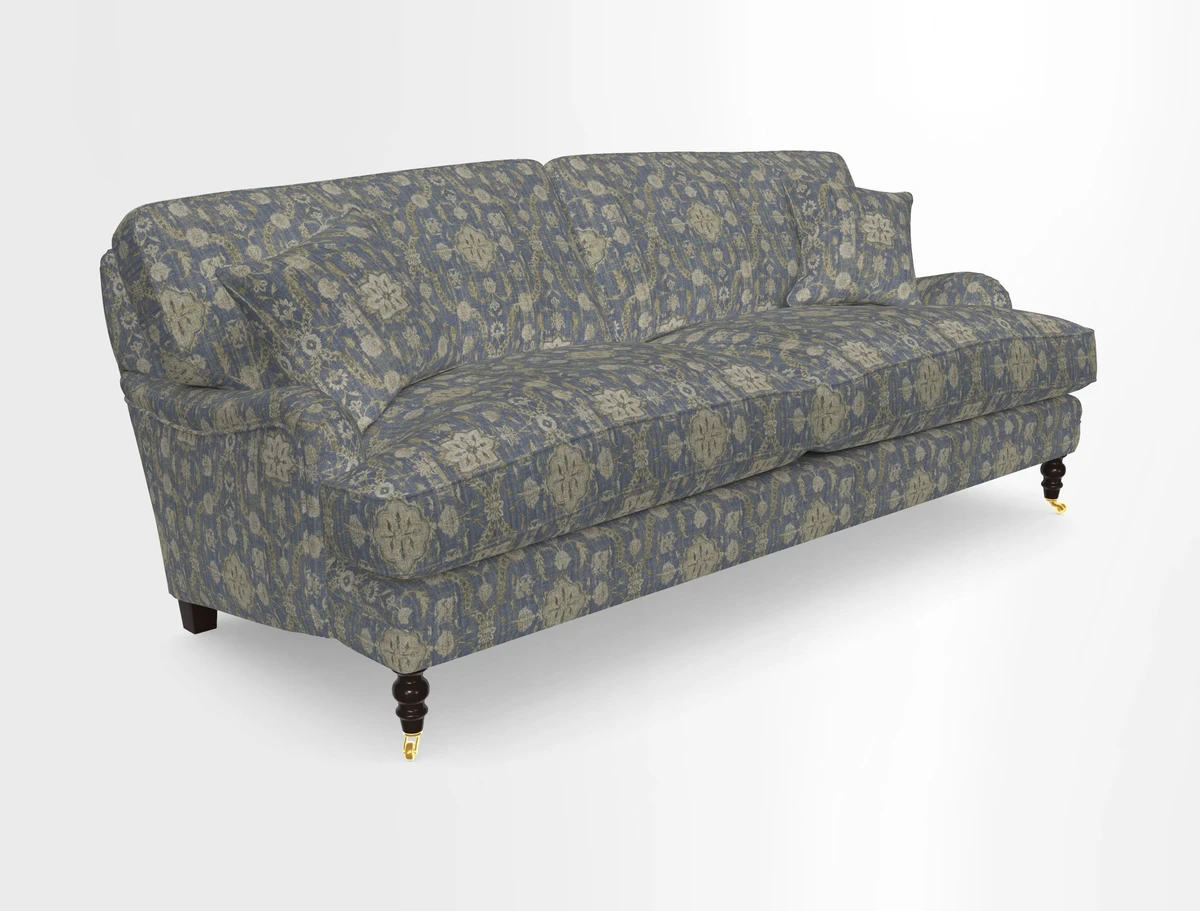 Coates 3 Seater Sofa in Mohair Velvet Indigo with Seat and Back Cushions in Gertrude Jekyll Meadow Flower Blue
