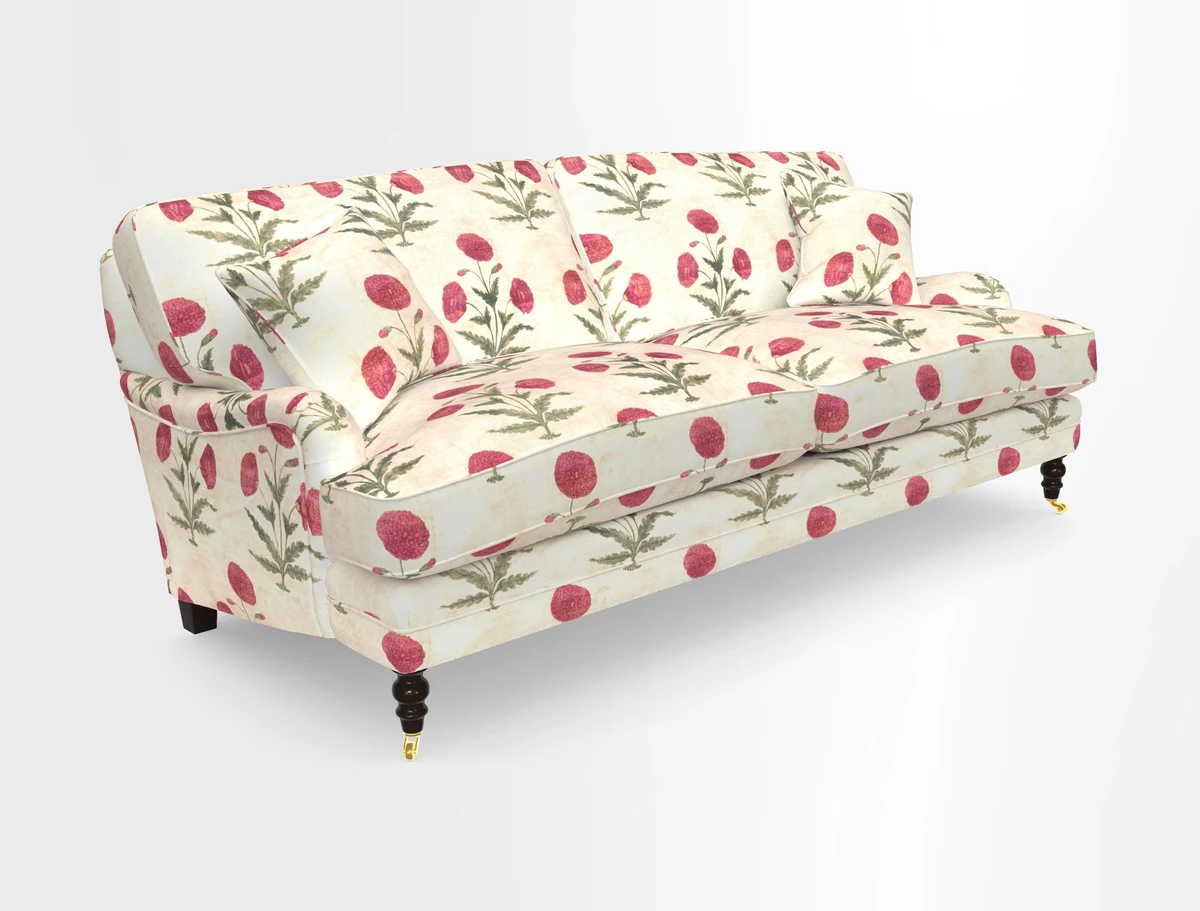 Coates 3 Seater Sofa in Mohair Velvet Indigo with Seat and Back Cushions in Gertrude Jekyll Meadow Flower Blue
