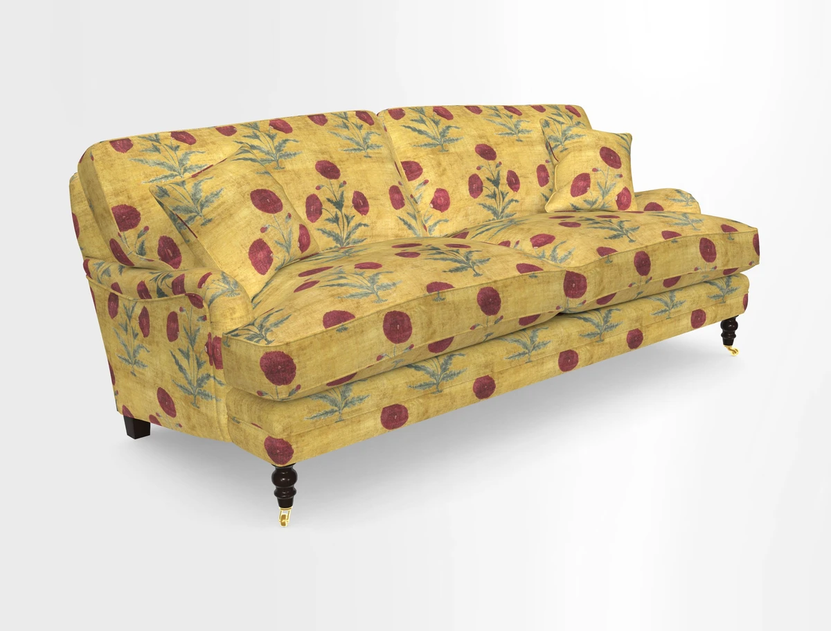 Coates 3 Seater Sofa in Mohair Velvet Indigo with Seat and Back Cushions in Gertrude Jekyll Meadow Flower Blue