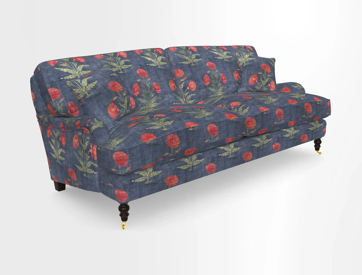 Coates 3 Seater Sofa in Mohair Velvet Indigo with Seat and Back Cushions in Gertrude Jekyll Meadow Flower Blue