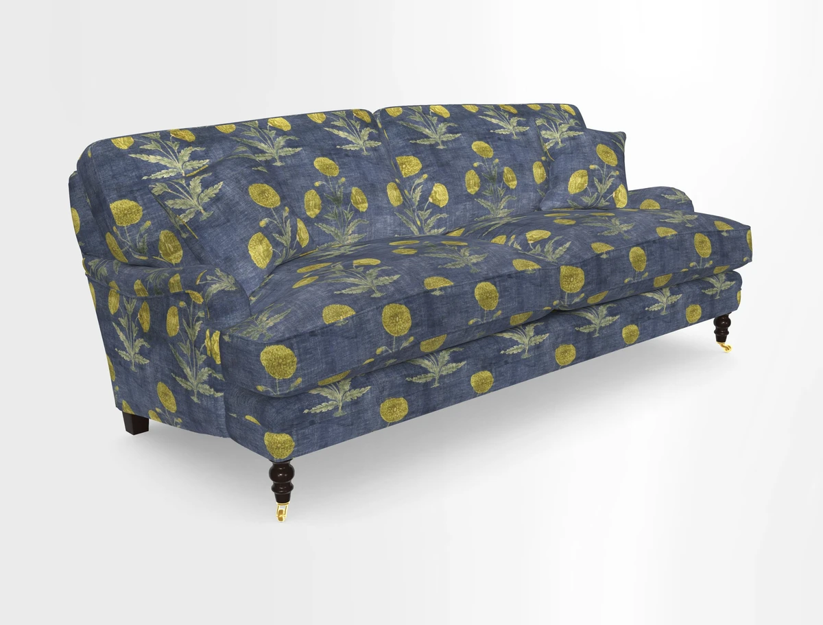 Coates 3 Seater Sofa in Mohair Velvet Indigo with Seat and Back Cushions in Gertrude Jekyll Meadow Flower Blue