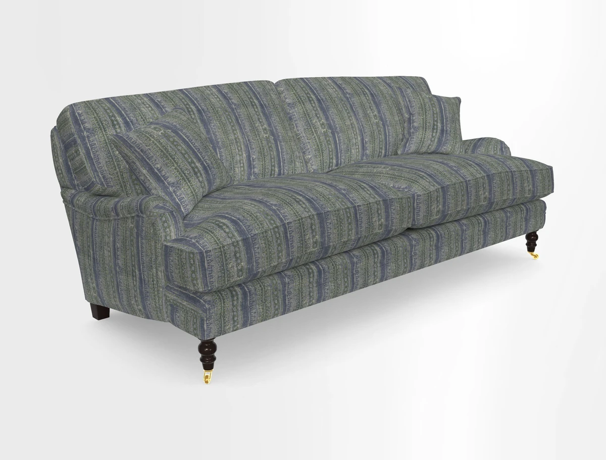 Coates 3 Seater Sofa in Mohair Velvet Indigo with Seat and Back Cushions in Gertrude Jekyll Meadow Flower Blue