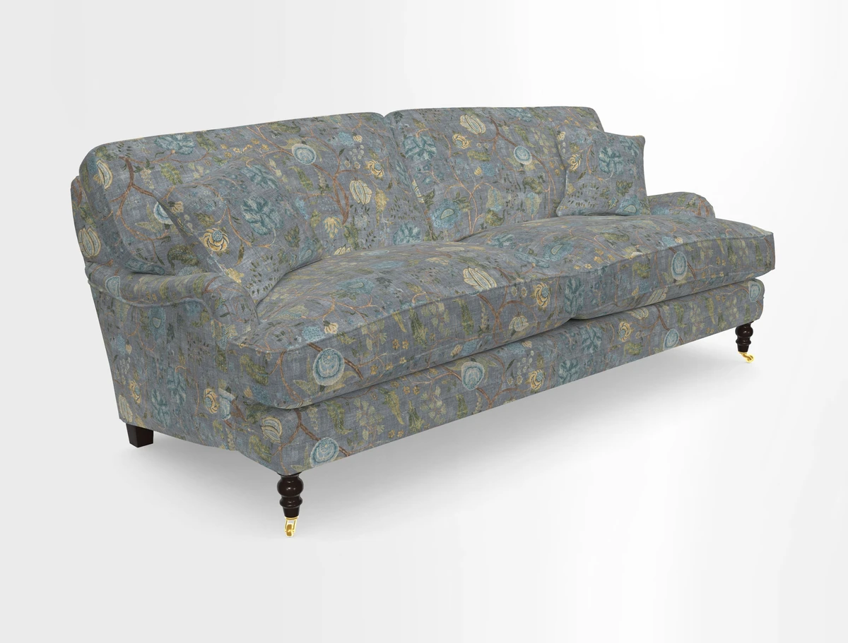 Coates 3 Seater Sofa in Mohair Velvet Indigo with Seat and Back Cushions in Gertrude Jekyll Meadow Flower Blue