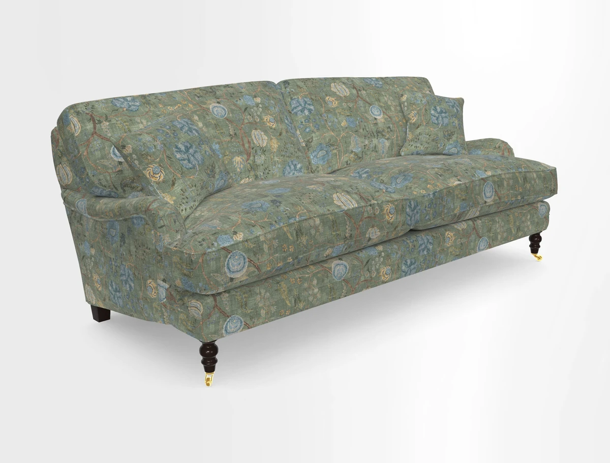 Coates 3 Seater Sofa in Mohair Velvet Indigo with Seat and Back Cushions in Gertrude Jekyll Meadow Flower Blue