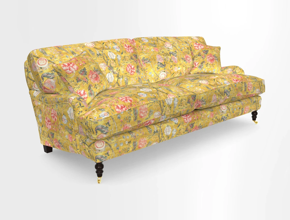 Coates 3 Seater Sofa in Mohair Velvet Indigo with Seat and Back Cushions in Gertrude Jekyll Meadow Flower Blue