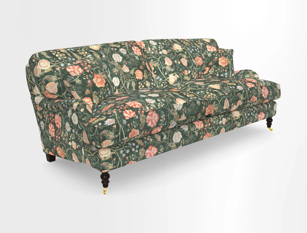 Coates 3 Seater Sofa in Mohair Velvet Indigo with Seat and Back Cushions in Gertrude Jekyll Meadow Flower Blue