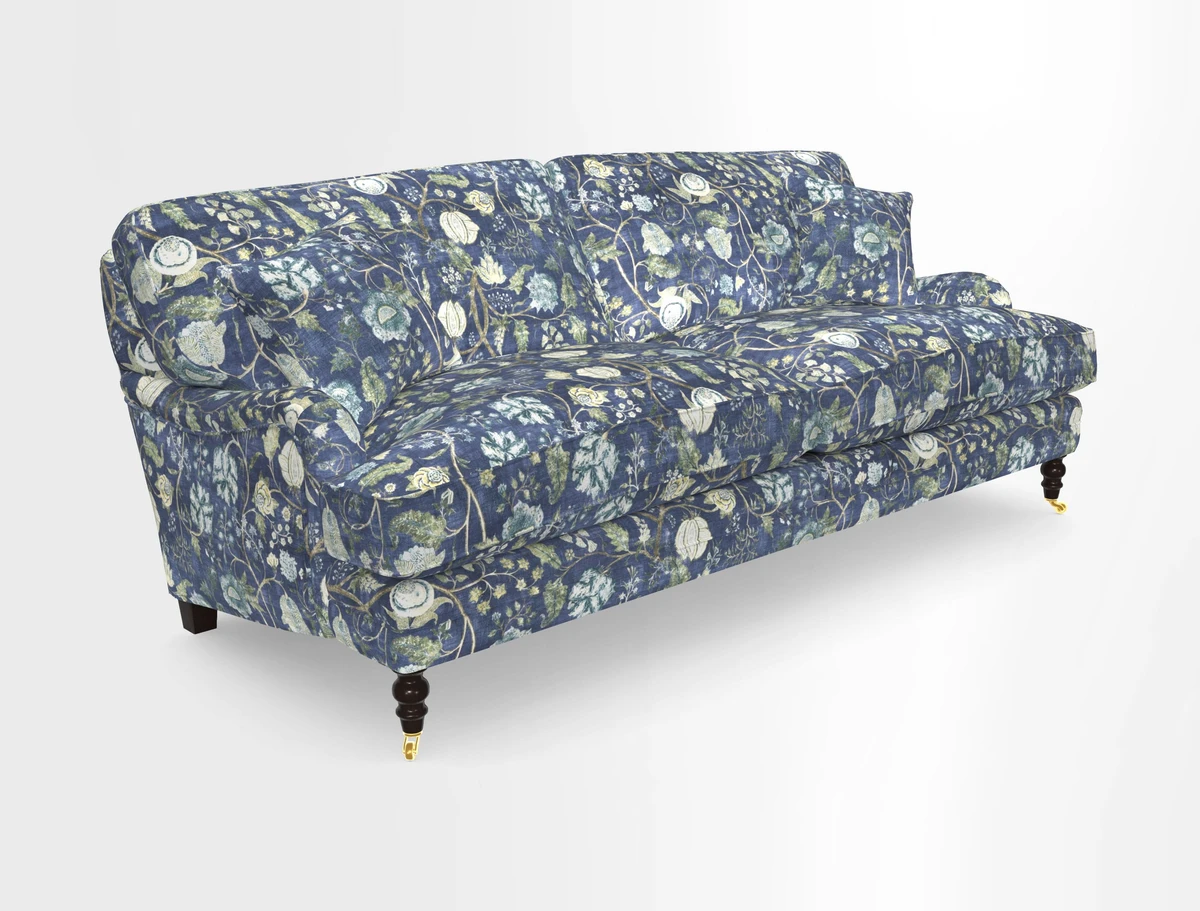 Coates 3 Seater Sofa in Mohair Velvet Indigo with Seat and Back Cushions in Gertrude Jekyll Meadow Flower Blue