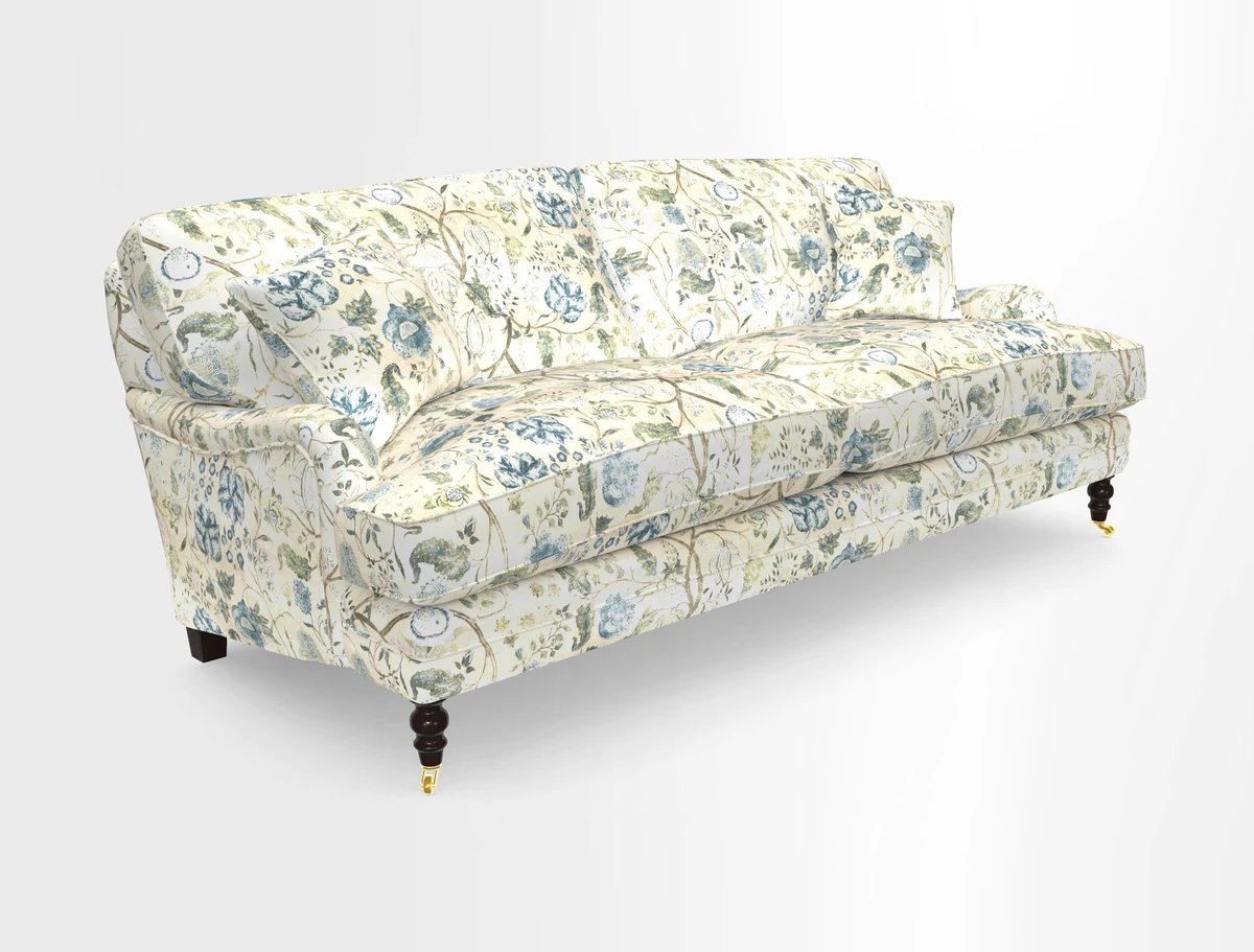 Coates 3 Seater Sofa in Mohair Velvet Indigo with Seat and Back Cushions in Gertrude Jekyll Meadow Flower Blue
