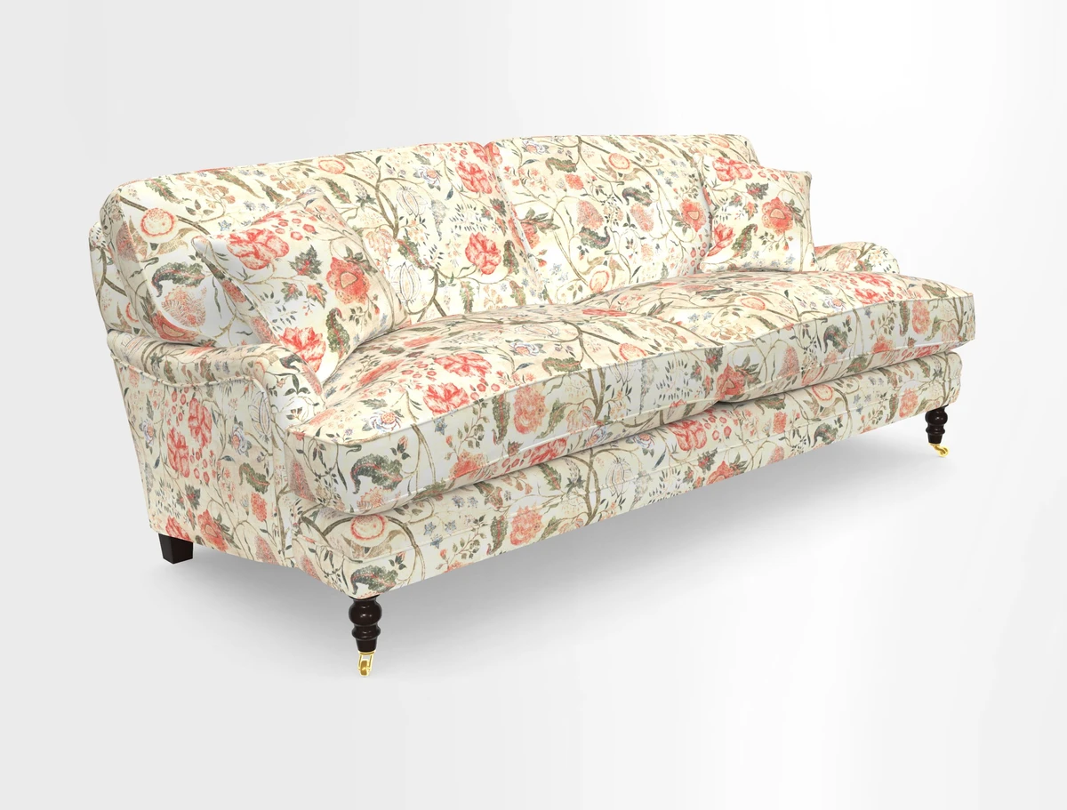 Coates 3 Seater Sofa in Mohair Velvet Indigo with Seat and Back Cushions in Gertrude Jekyll Meadow Flower Blue