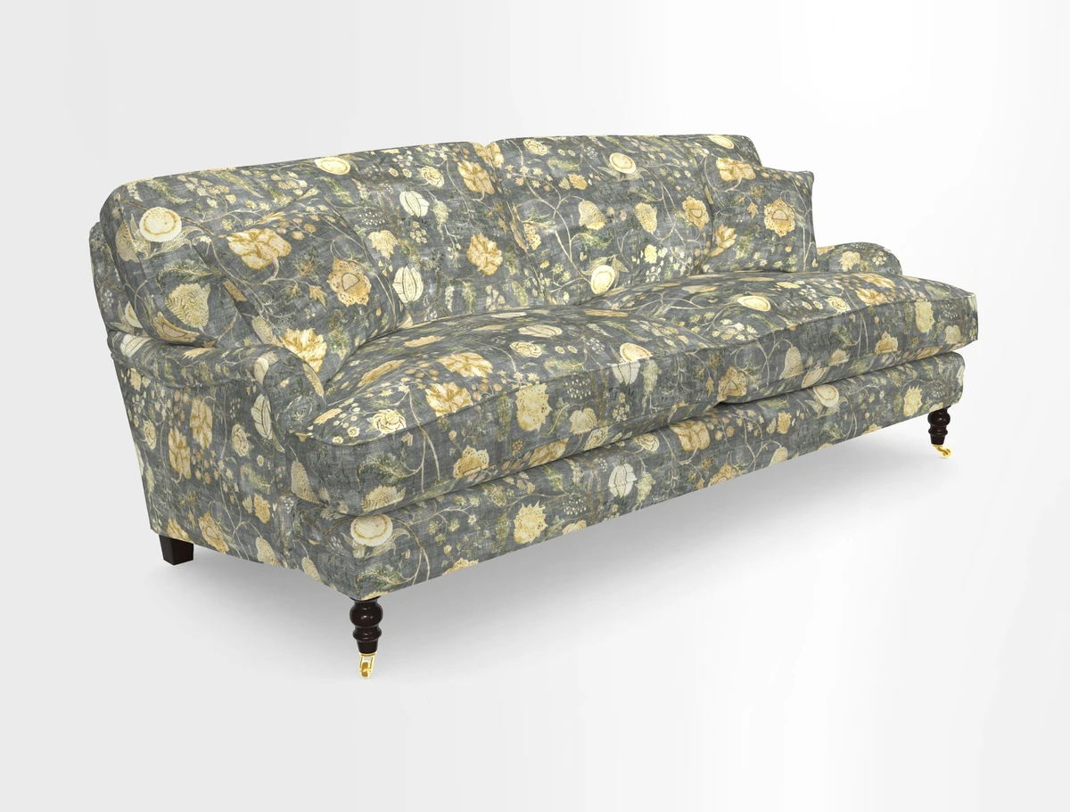 Coates 3 Seater Sofa in Mohair Velvet Indigo with Seat and Back Cushions in Gertrude Jekyll Meadow Flower Blue