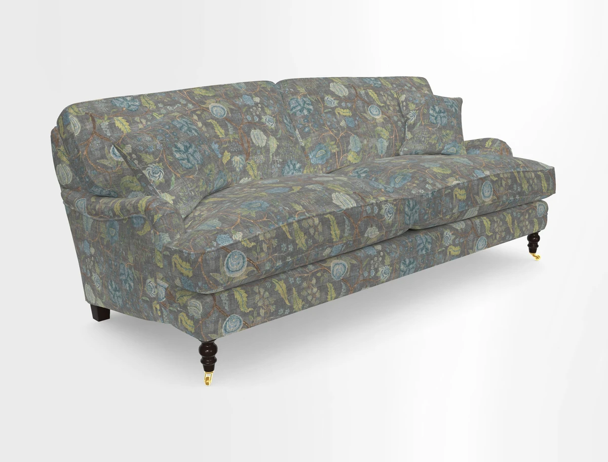 Coates 3 Seater Sofa in Mohair Velvet Indigo with Seat and Back Cushions in Gertrude Jekyll Meadow Flower Blue