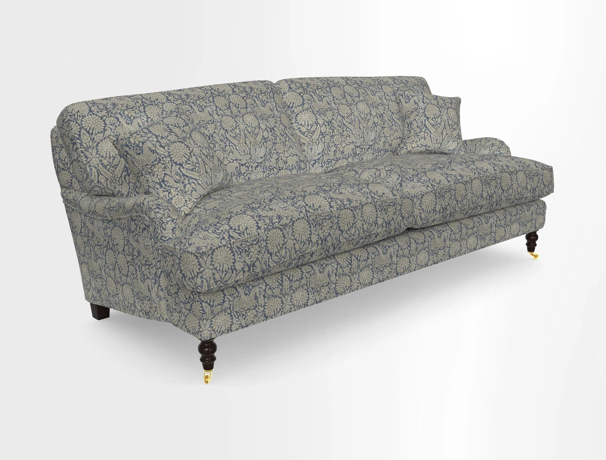 Coates 3 Seater Sofa in Mohair Velvet Indigo with Seat and Back Cushions in Gertrude Jekyll Meadow Flower Blue