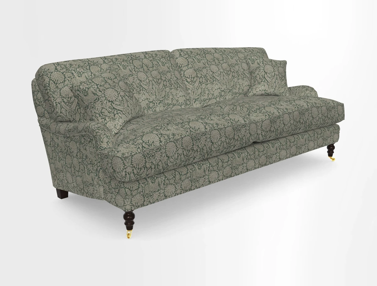 Coates 3 Seater Sofa in Mohair Velvet Indigo with Seat and Back Cushions in Gertrude Jekyll Meadow Flower Blue