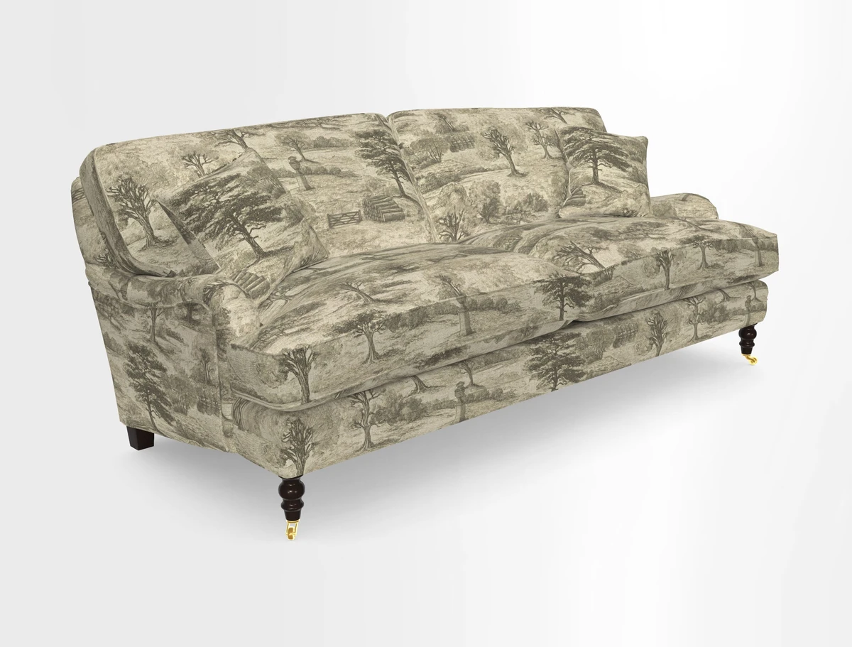 Coates 3 Seater Sofa in Mohair Velvet Indigo with Seat and Back Cushions in Gertrude Jekyll Meadow Flower Blue