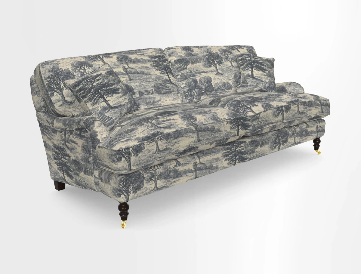 Coates 3 Seater Sofa in Mohair Velvet Indigo with Seat and Back Cushions in Gertrude Jekyll Meadow Flower Blue