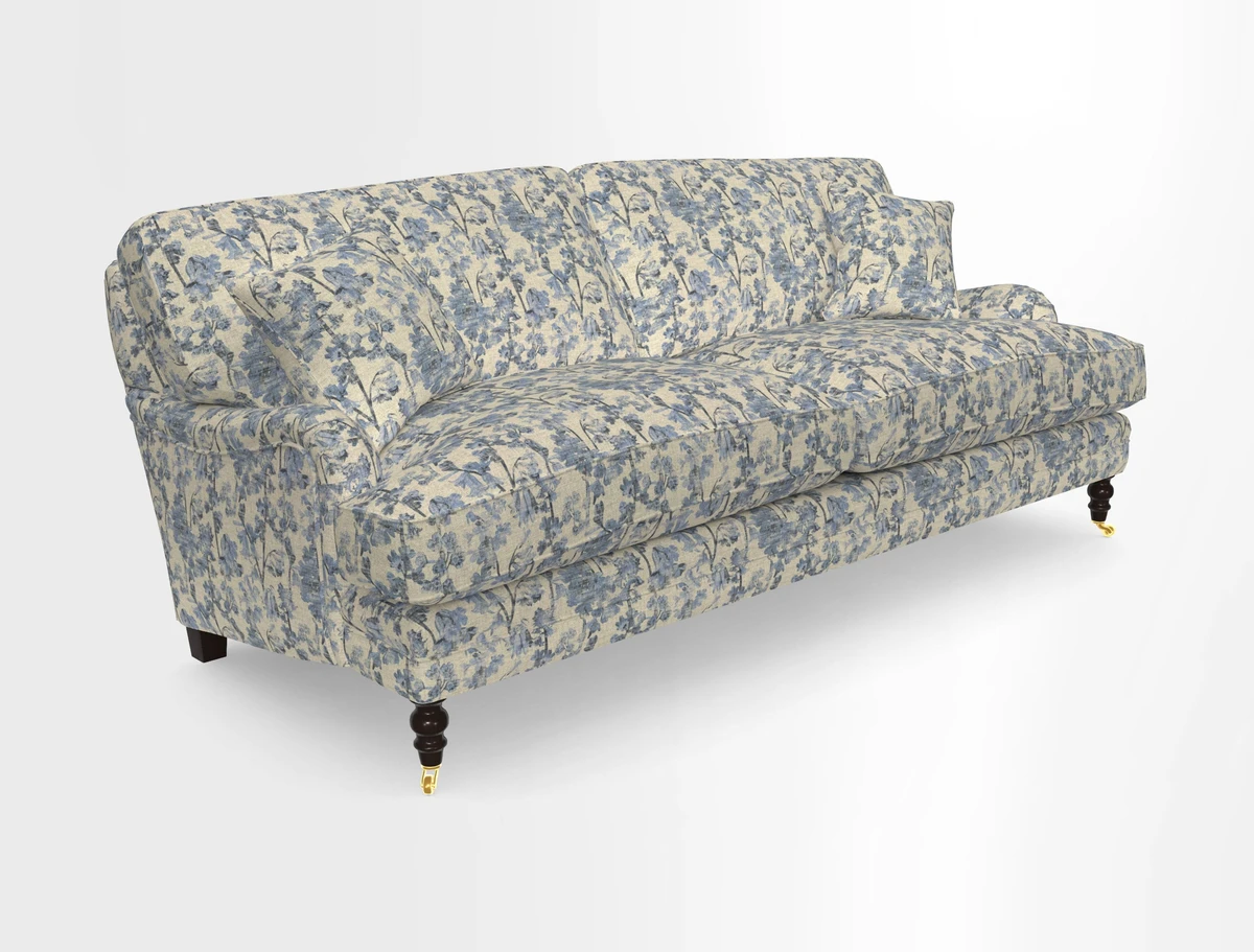 Coates 3 Seater Sofa in Mohair Velvet Indigo with Seat and Back Cushions in Gertrude Jekyll Meadow Flower Blue
