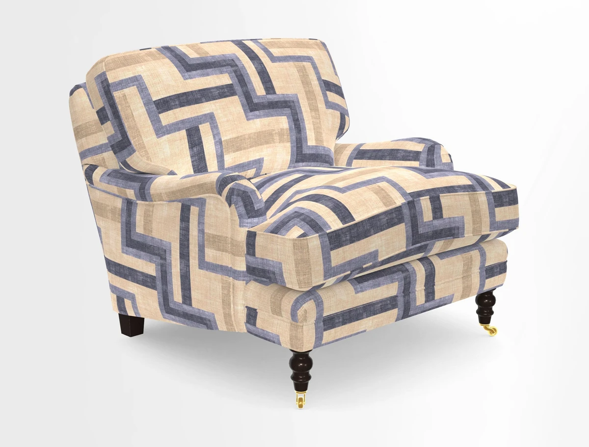 Coates Chair in RHS Gertrude Jekyll Lattice Blue with Seat and Back Cushions in Mohair Velvet Indigo