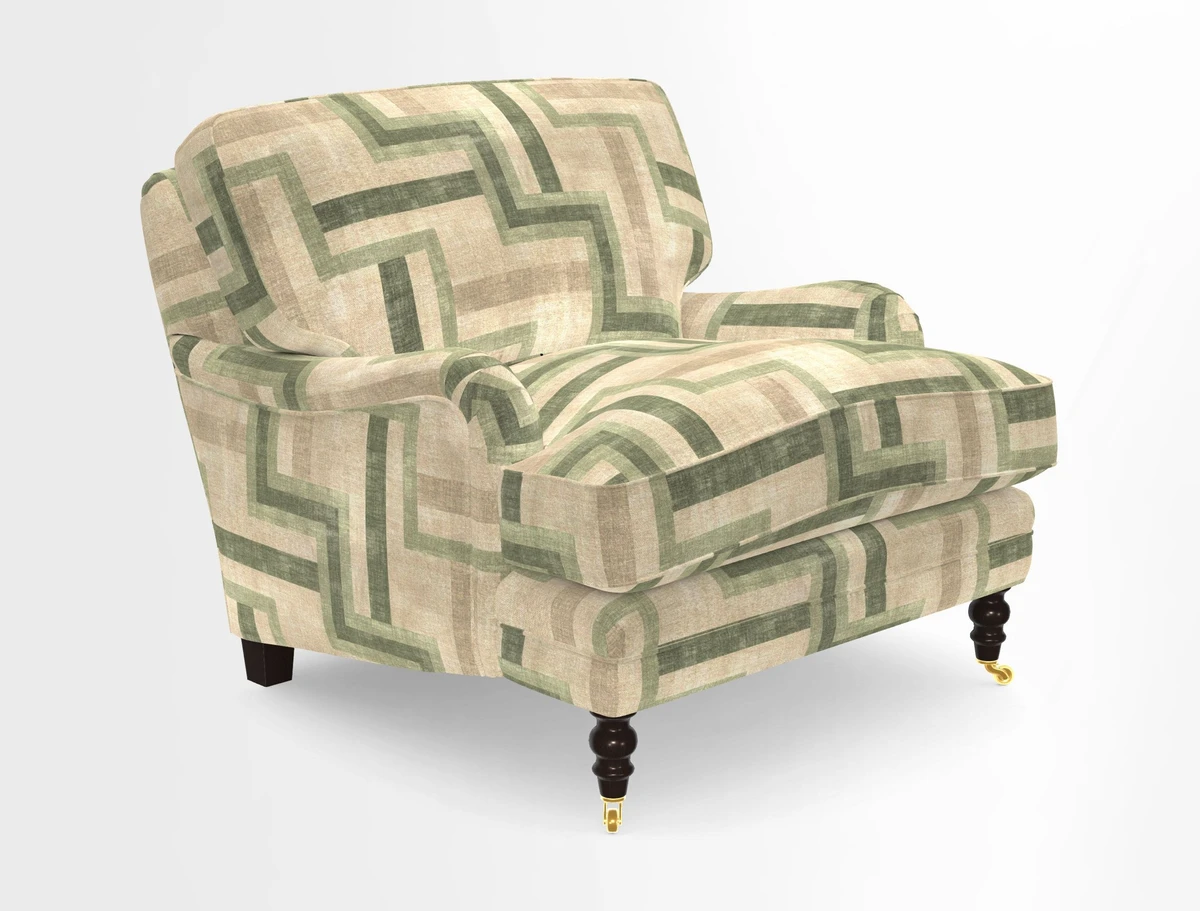 Coates Chair in RHS Gertrude Jekyll Lattice Blue with Seat and Back Cushions in Mohair Velvet Indigo