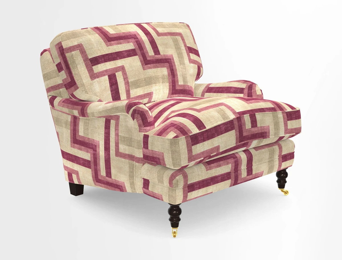 Coates Chair in RHS Gertrude Jekyll Lattice Blue with Seat and Back Cushions in Mohair Velvet Indigo