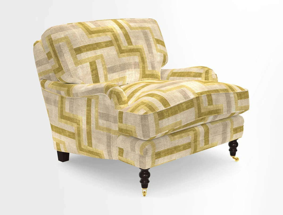 Coates Chair in RHS Gertrude Jekyll Lattice Blue with Seat and Back Cushions in Mohair Velvet Indigo