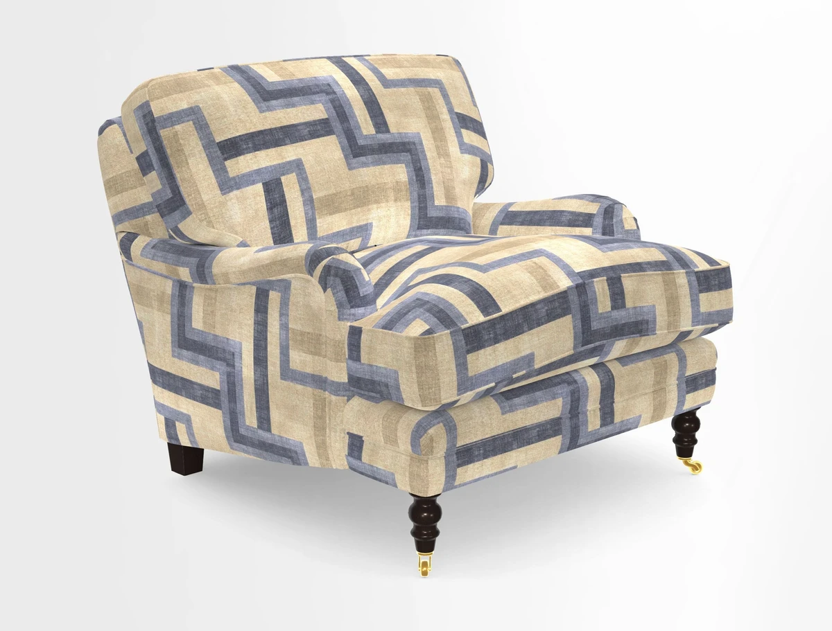 Coates Chair in RHS Gertrude Jekyll Lattice Blue with Seat and Back Cushions in Mohair Velvet Indigo