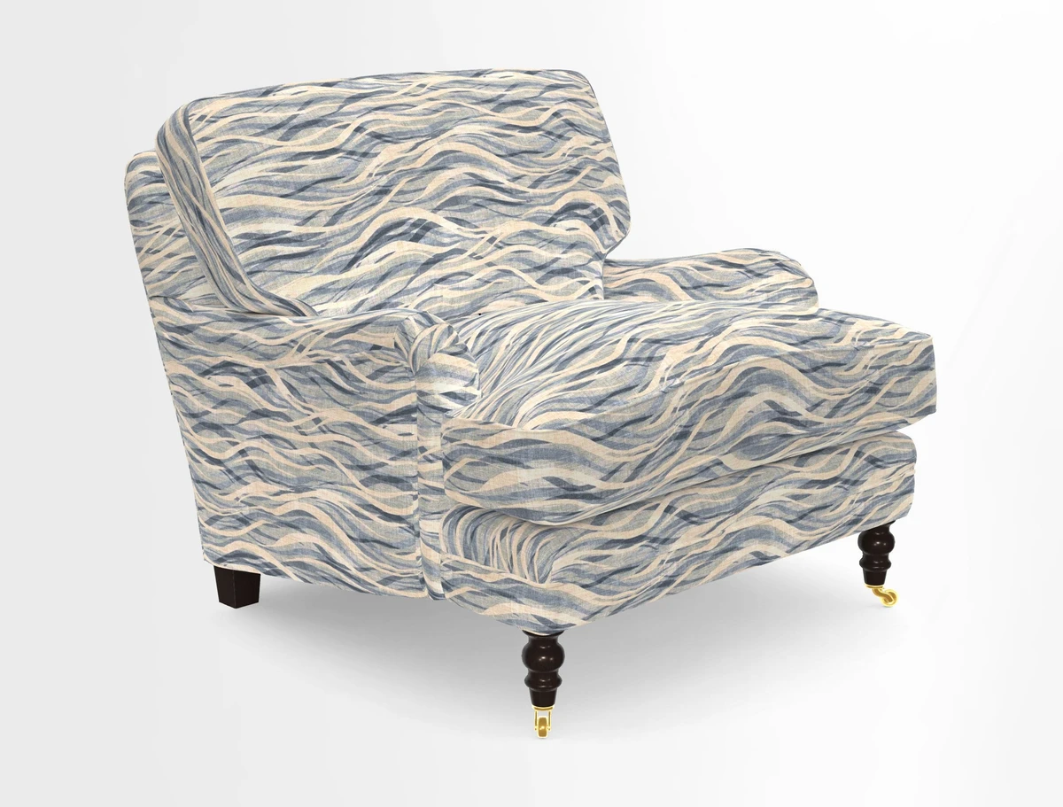 Coates Chair in RHS Gertrude Jekyll Lattice Blue with Seat and Back Cushions in Mohair Velvet Indigo