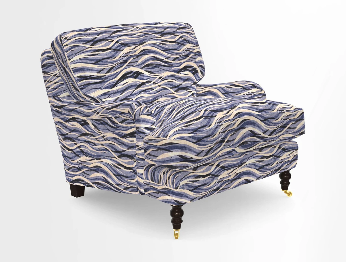 Coates Chair in RHS Gertrude Jekyll Lattice Blue with Seat and Back Cushions in Mohair Velvet Indigo