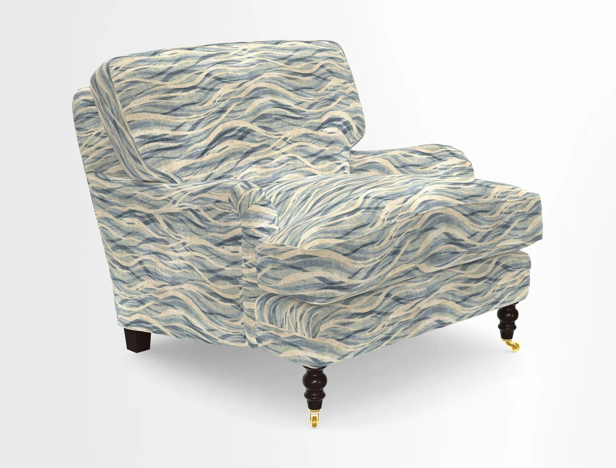 Coates Chair in RHS Gertrude Jekyll Lattice Blue with Seat and Back Cushions in Mohair Velvet Indigo