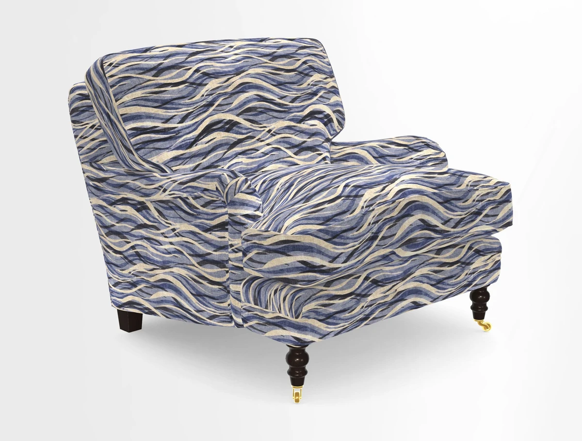 Coates Chair in RHS Gertrude Jekyll Lattice Blue with Seat and Back Cushions in Mohair Velvet Indigo