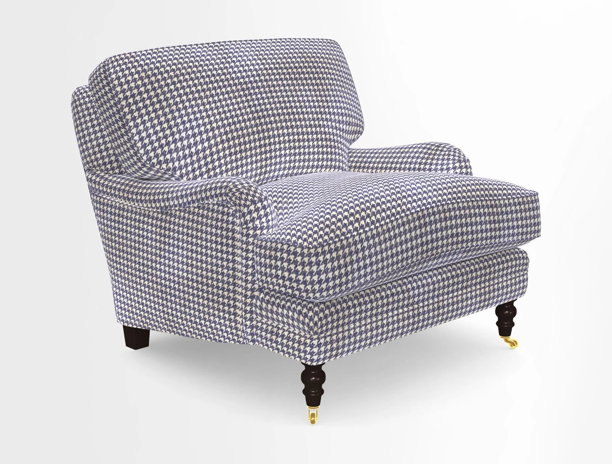 Coates Chair in RHS Gertrude Jekyll Lattice Blue with Seat and Back Cushions in Mohair Velvet Indigo